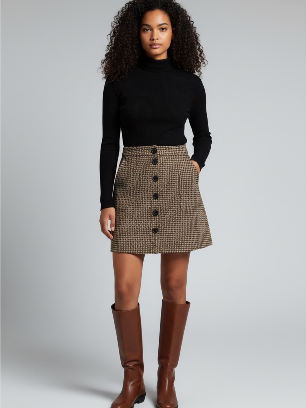 Sézane Button-Front Houndstooth A-Line Skirt